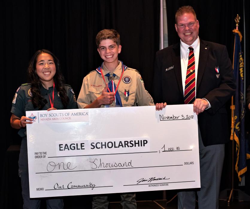 Left to right: Sophie Schler, Eagle Scout Scholarship Winner, Jacob Steimle, Paul Penttila, CEO Nevada Area Council.