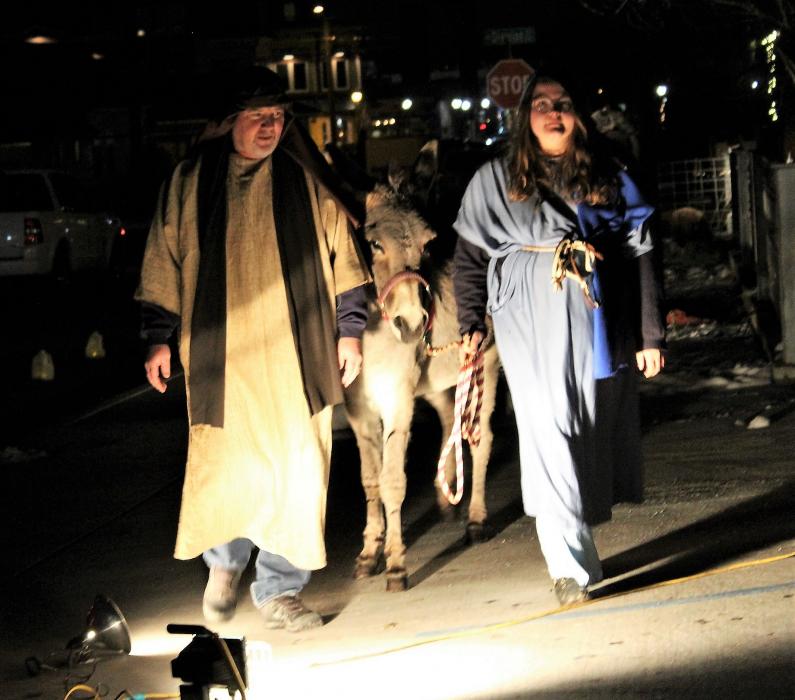 Mary and Joseph on their way to Bethlehem.