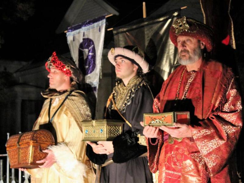 Photos by Brett Fisher. Three kings from the East, the Wise Men, come bearing gifts for the newborn King.
