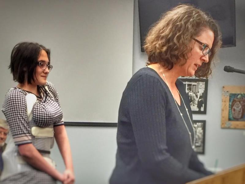 CHS Senior Sophia Peterson and Nicole Hendee, CHS Counseling Dept. Chair discuss the presidential scholarship.