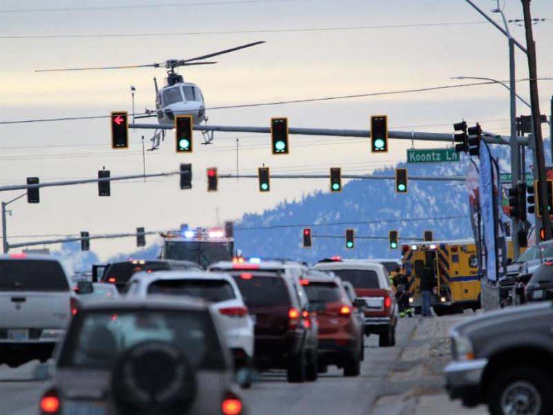 Photo by Brett Fisher. Care Flight lands on South Carson Street Saturday afternoon.