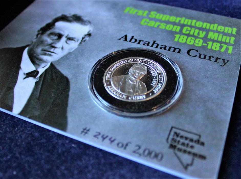 The Abraham Curry commemorative medallion struck on .999 silver by Coin Press No. 1 at the Nevada State Museum.