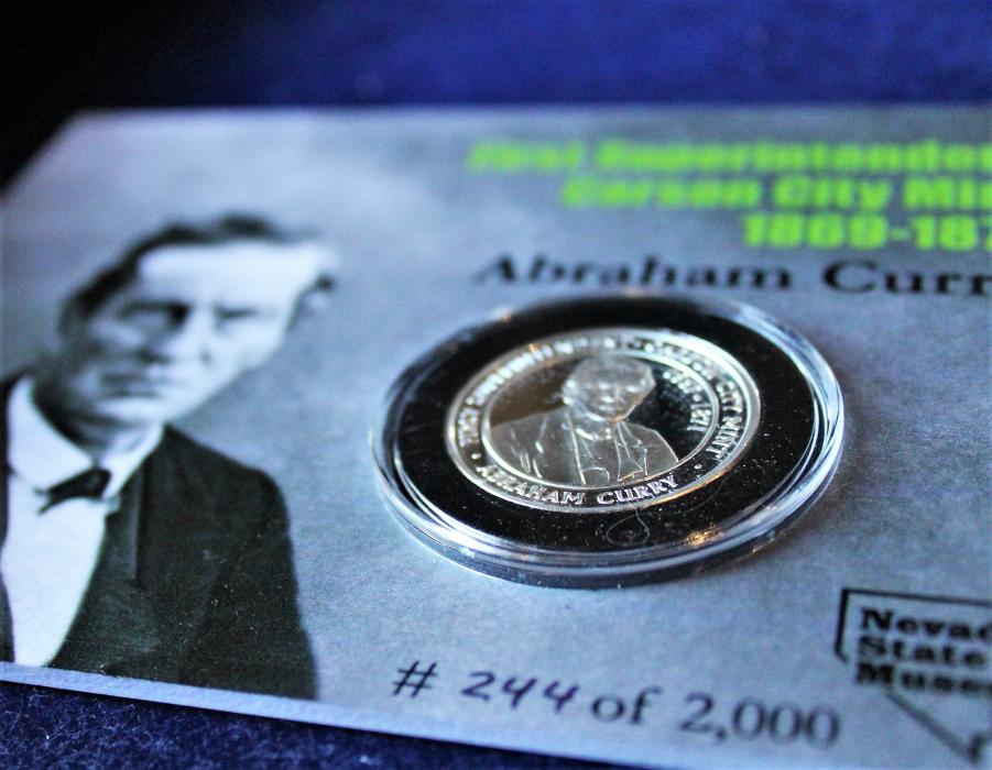 The Abraham Curry commemorative medallion struck on .999 silver by Coin Press No. 1 at the Nevada State Museum.