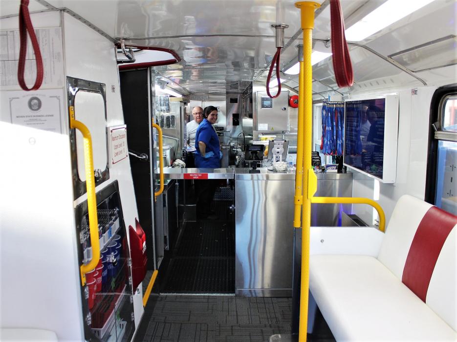 Inside bottom floor of The Bus Boy, facing the commercial kitchen.