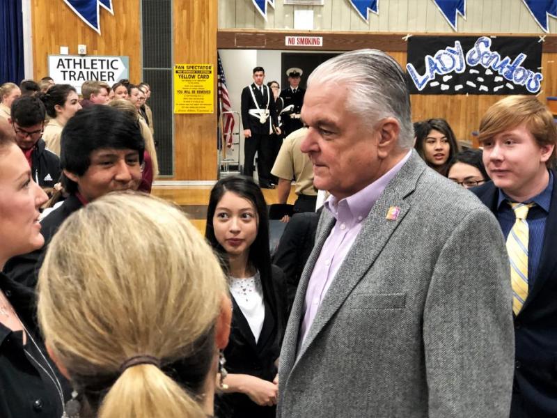 Photos by Dan Davis/CCSD. Nevada Gov. Steve Sisolak visits with CHS CTE students Thursday.