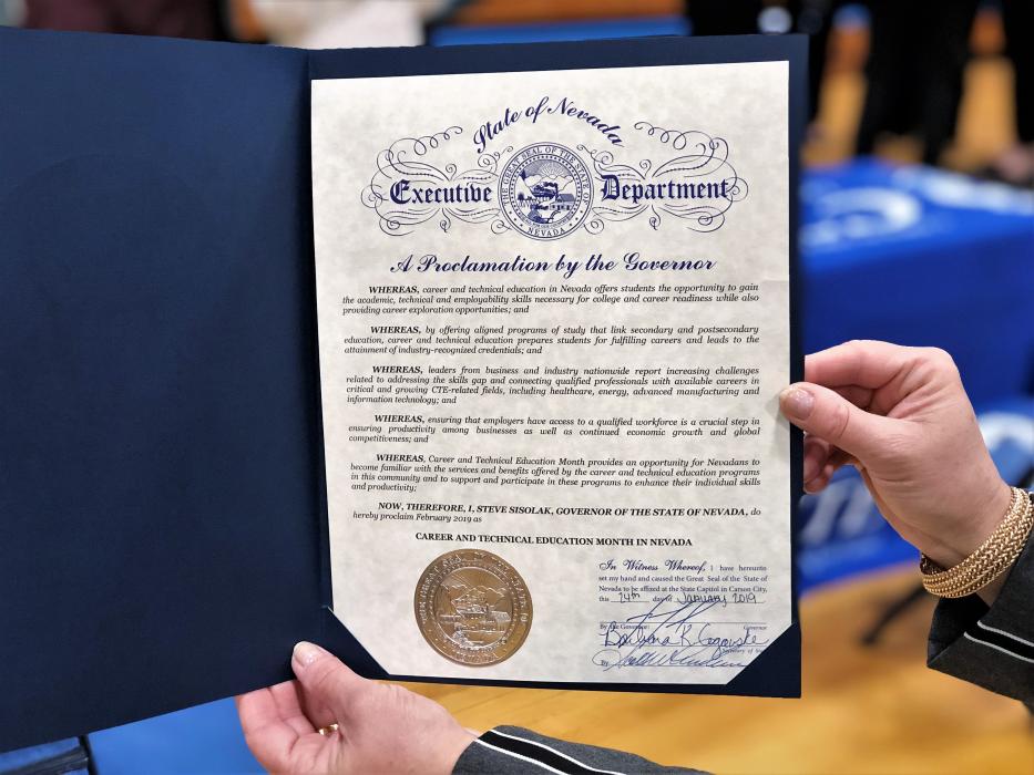 CTE Month Proclamation from Gov. Steve Sisolak.
