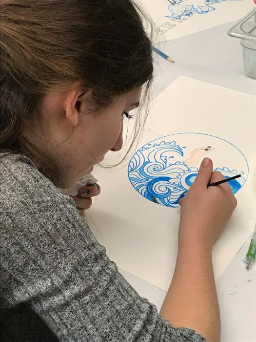 CHS AP Art History student Ava Covington adapts a screen print of Hokusai's Great Wave.
