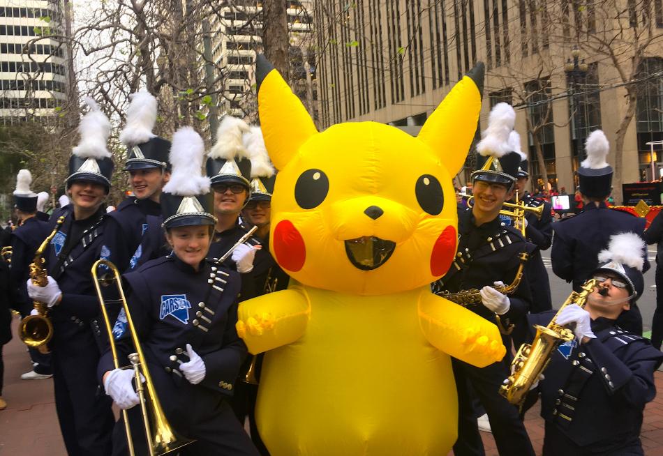 Photos and video by Kirk Caraway. Members of the Carson High Blue Thunder Marching Band in San Francisco Saturday.