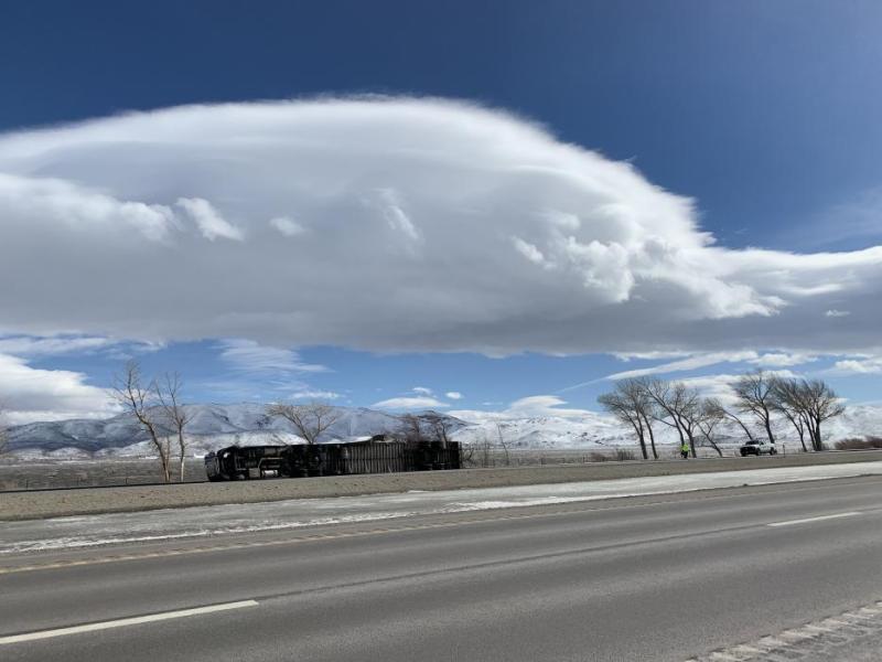 High wind flipped this semi on I-580 through Washoe Valley on Monday morning. Photo by Kelsey Penrose