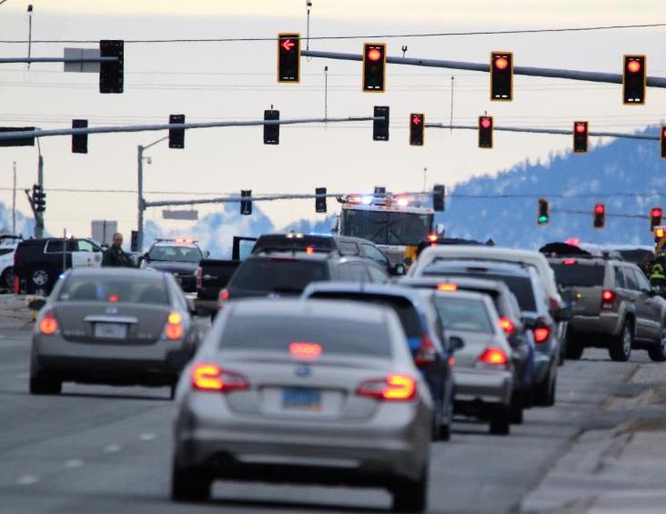 Traffic comes to a halt on South Carson Street in this file photo by Brett Fisher