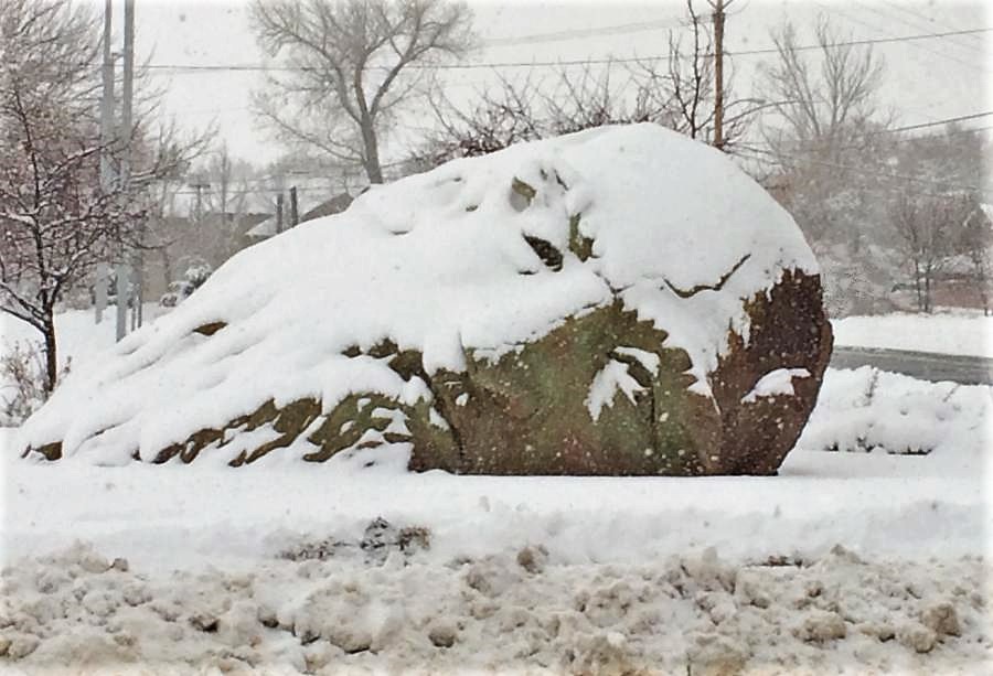 Mind of DaVinci sculpture at the Carson City Community Center is frosted with snow.