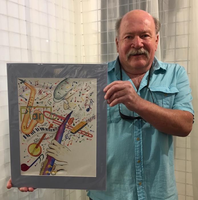 Artist Bob Hickox shows his winning painting, used for the cover of the 2018 Jazz & Beyond program.