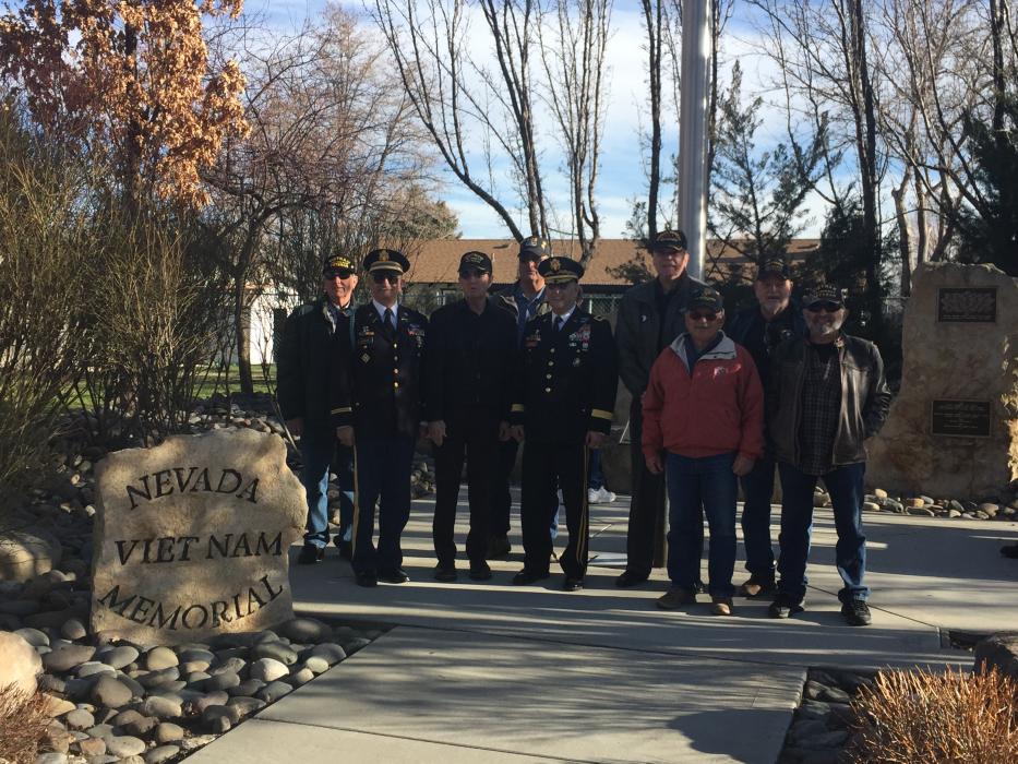 Vietnam Veterans, including Carson City Mayor Bob Crowell at the Nevada Vietnam War Memorial at Mills Park today.