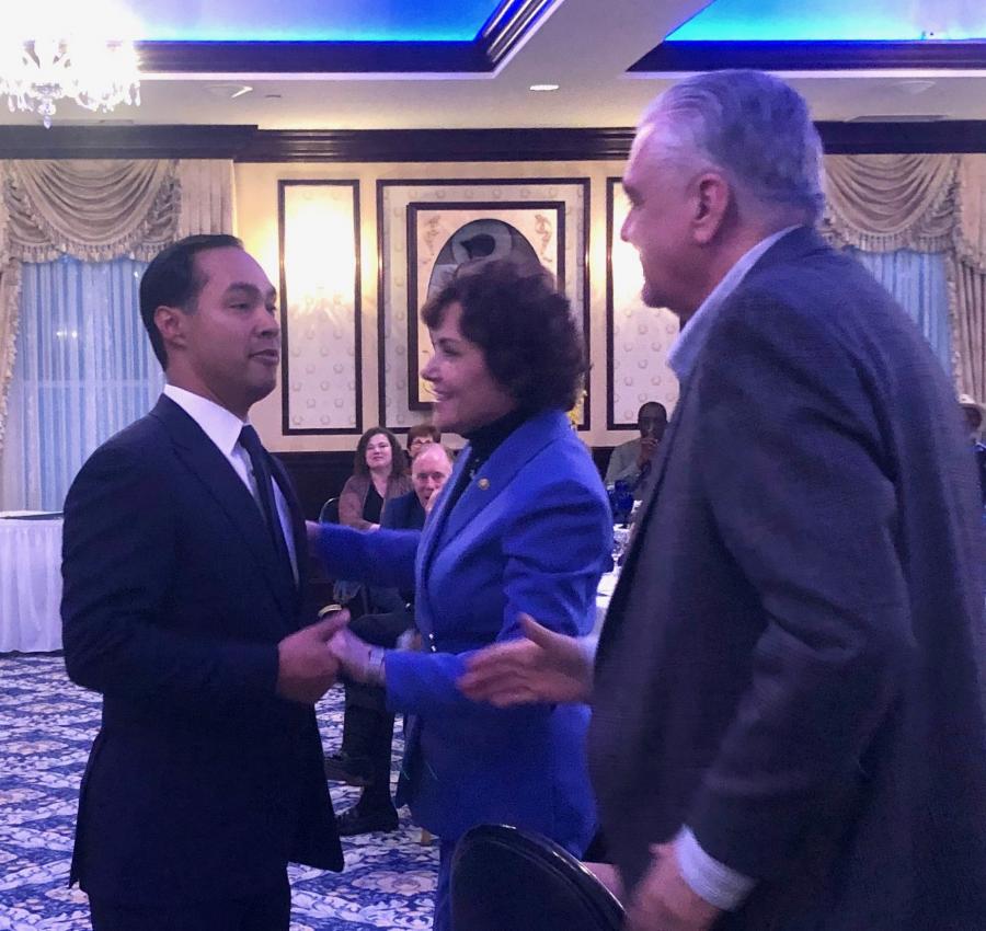 Julian Castro is greeted by Sen. Jacky Rosen and Gov. Steve Sisolak.