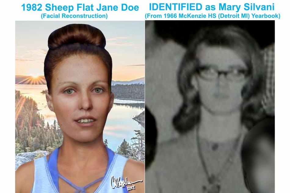 Artist’s reconstruction of Sheep’s Flat Jane Doe created by artist Carl Koppelman alongside 1966 yearbook photo of Mary Silvani.