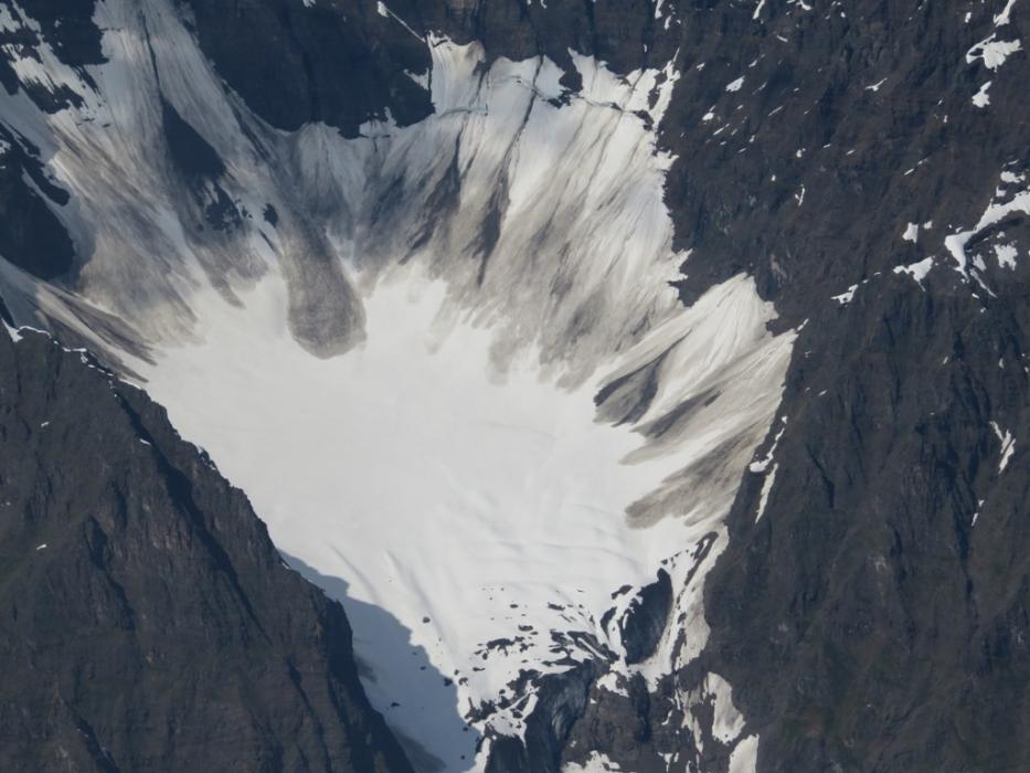 Looking down into a snow covered crater