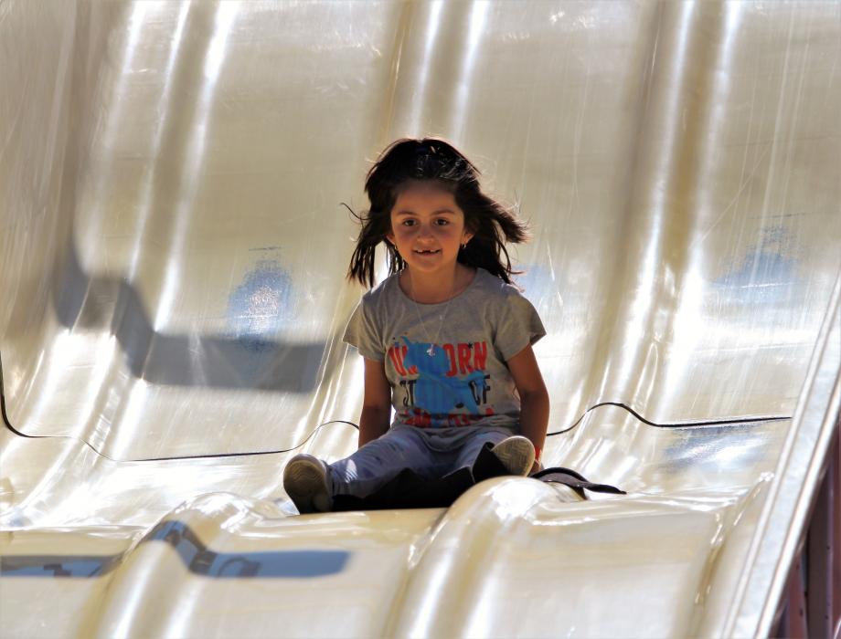 A child reaches the bottom of the giant slide at the Fourth of July Carnival in Mills Park.