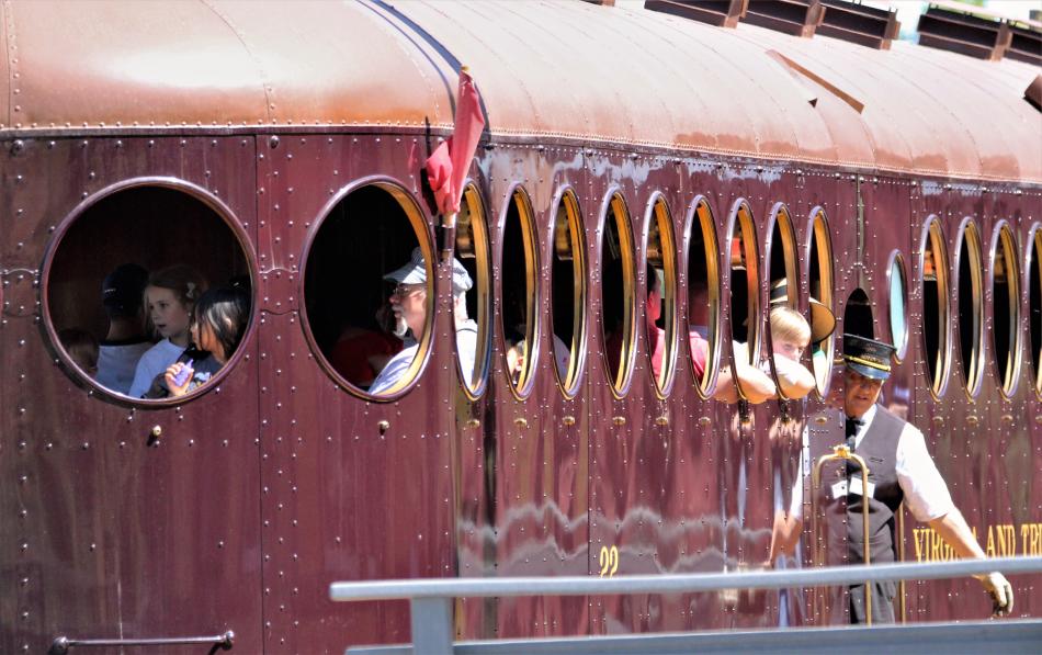 The McKeen Car backs up to Wabuska Station at the Nevada State Railroad Museum.