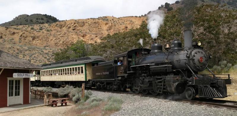 Visitors can embark on a 4-mile, 35-minute narrated train ride via steam or diesel through Virginia City to Gold Hill.