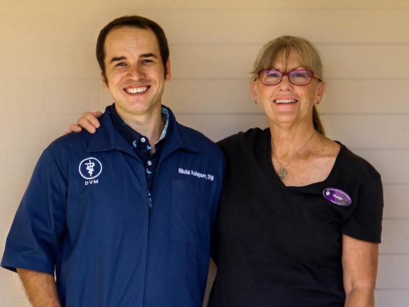 Margie Quirk, owner of Lone Mountain Veterinary Hospital, and Dr. Nikolai Kolupaev.