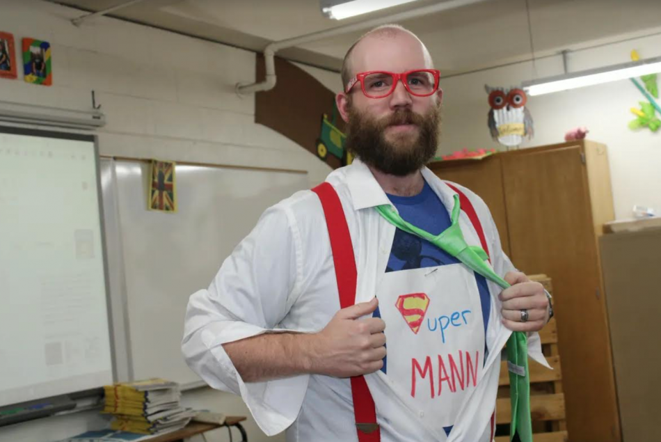 CHS teacher Chuck Mann dresses Superman for Week of Respect activities.