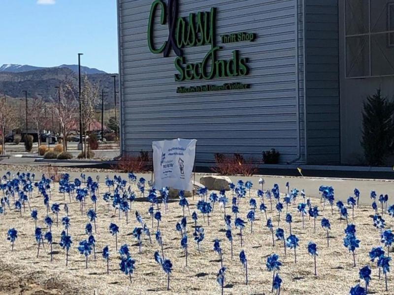 Pinwheels were planted at Classy Seconds in Carson City. The annual pinwheel ceremony at the capital was canceled due to COVID.