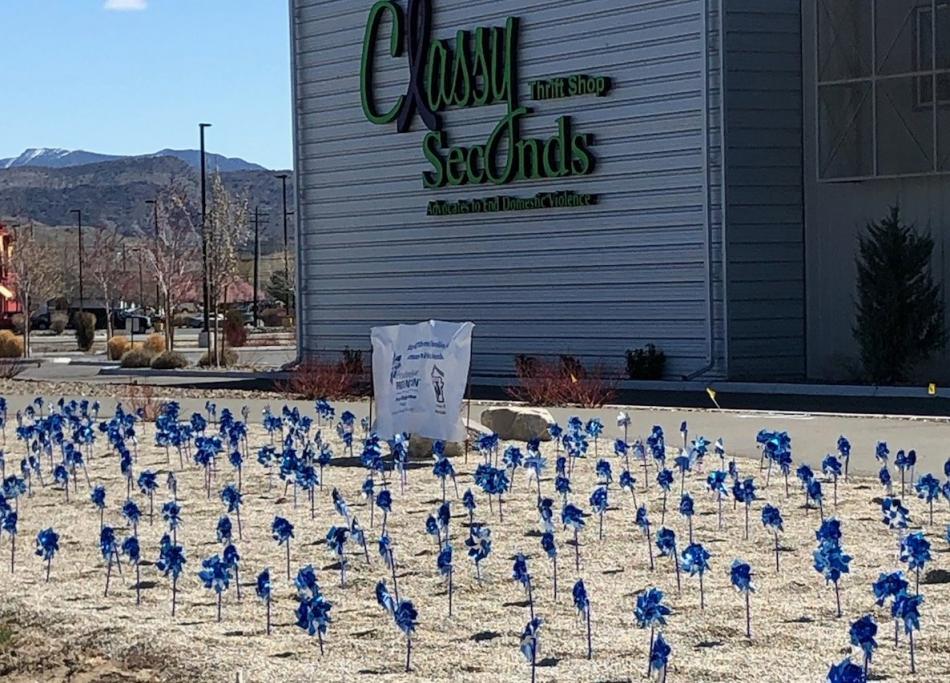 Pinwheels were planted at Classy Seconds in Carson City. The annual pinwheel ceremony at the capital was canceled due to COVID.