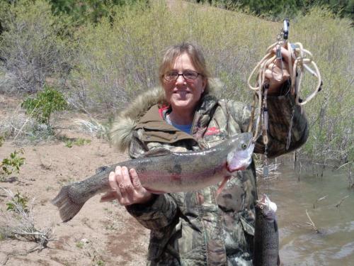 Robin Debock-Souder of Gardnerville with 4 lb rainbow caught at Indian Creek Reservoir last year (2019). Picture by Doug Busey