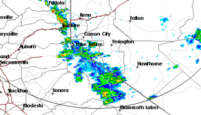 Radar at around 4:25 shows thunderstorms over Lake Tahoe, moving into Carson Valley.