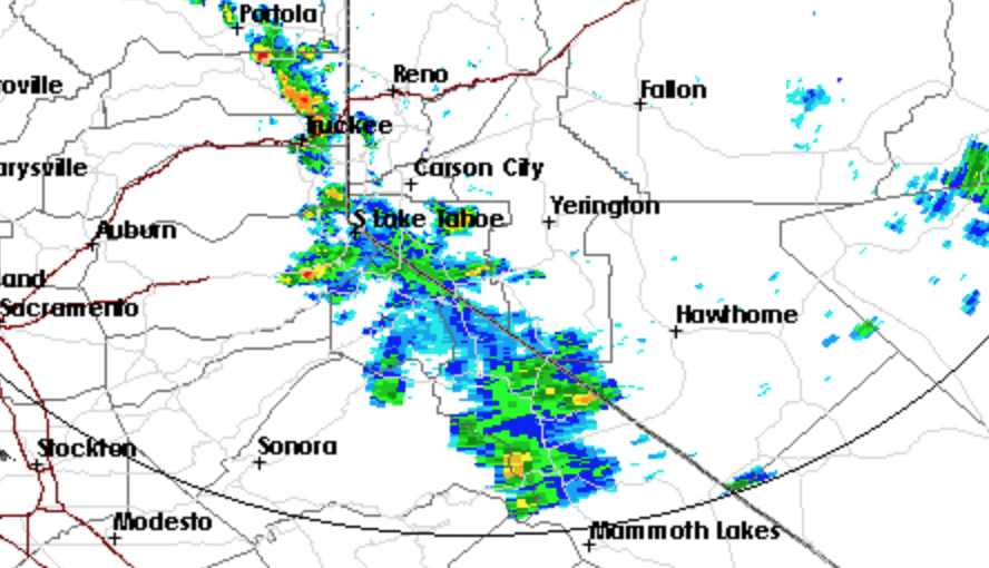 Radar at around 4:25 shows thunderstorms over Lake Tahoe, moving into Carson Valley.