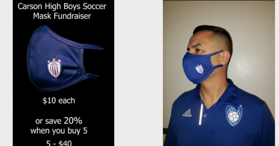 CHS Soccer coach Henry Martinez sporting his CHS Soccer Mask Logo fundraising mask.