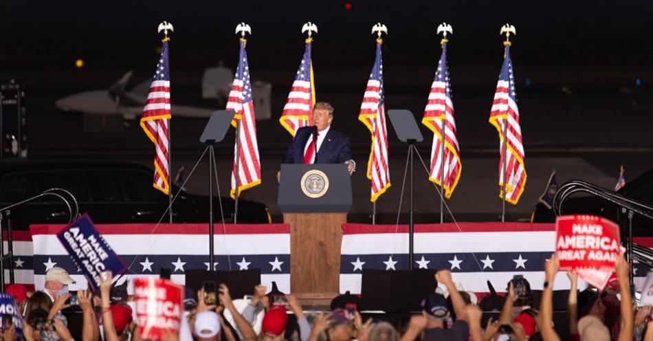 President Donald Trump speaks during a campaign rally at the Minden-Tahoe Airport. Photo by Trevor Bexon, The Nevada Independent