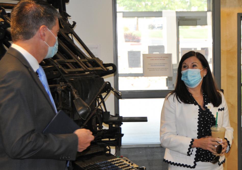 NSHE Chancellor Dr. Melody Rose, right, meets Provost and Vice President of Finance Dr. J. Kyle Dalpe.