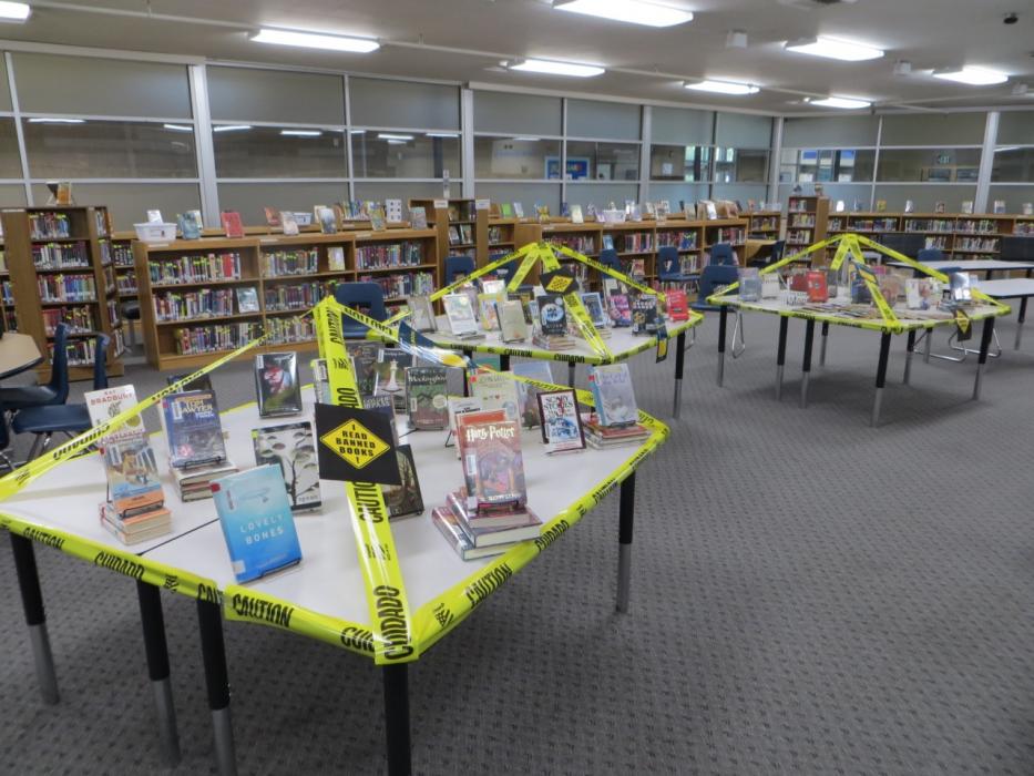 CHS Librarian Ananda Campbell setting up the CHS library for Banned Book Week 2020.