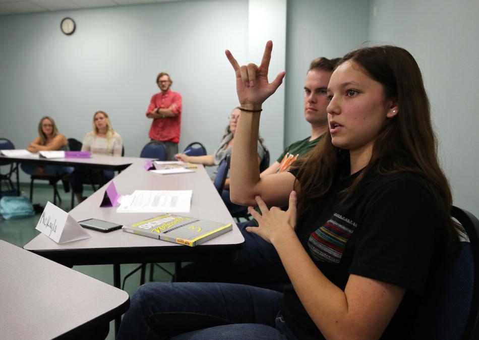 McKayla Celedon demonstrates a sign during an American Sign Language class at Western Nevada College several years ago.
