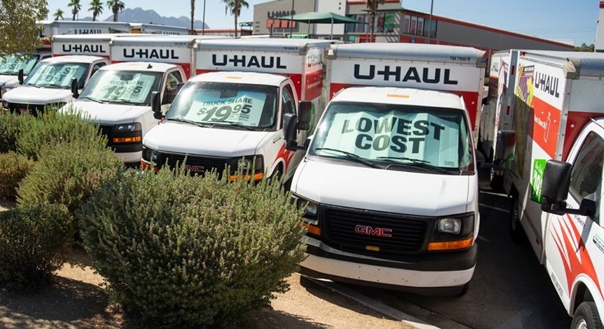 Moving trucks as seen on a U-Haul lot in Henderson on Sept. 3, 2020. Photo by Daniel Clark, The Nevada Independent