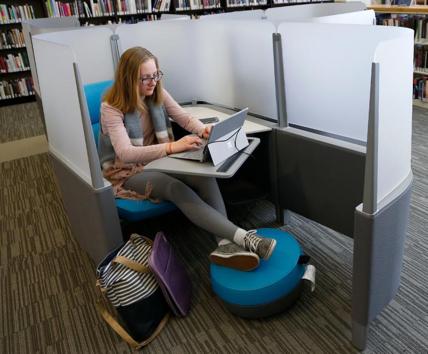 Madi Shek studies online at Joe Dini Library at Western Nevada College in February 2019.