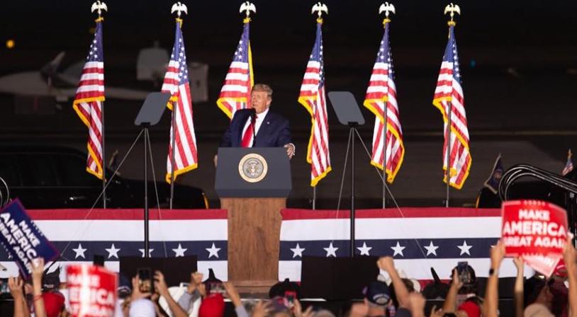 President Donald Trump speaks during a campaign rally at the Minden-Tahoe Airport. Photo by Trevor Bexon, The Nevada Independent