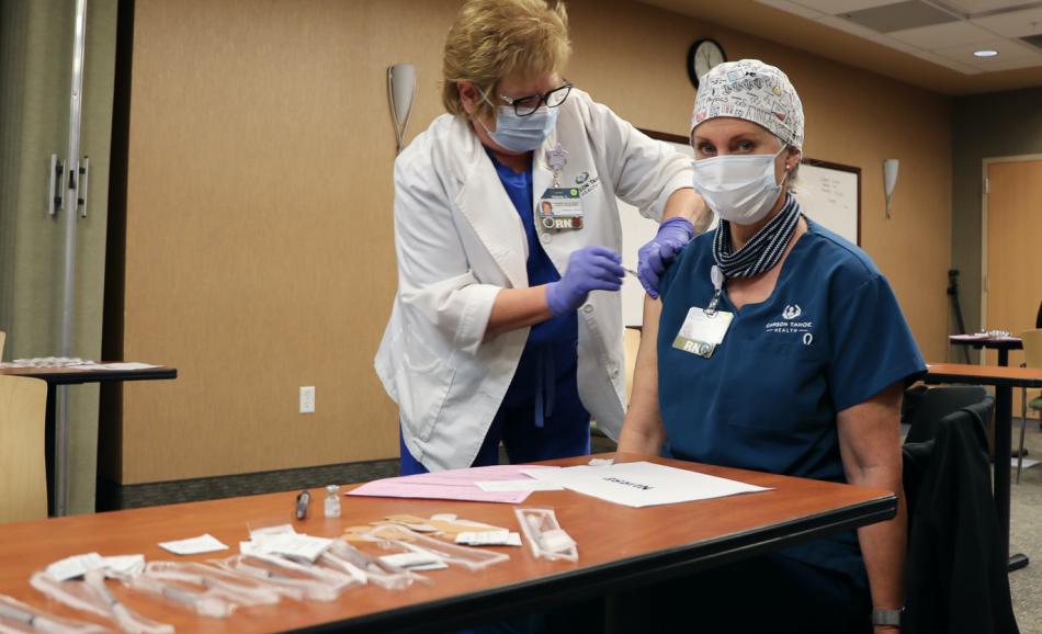 Kathy Merrill, RN ICU Charge Nurse receives the vaccine last week. Carson Tahoe Health photo