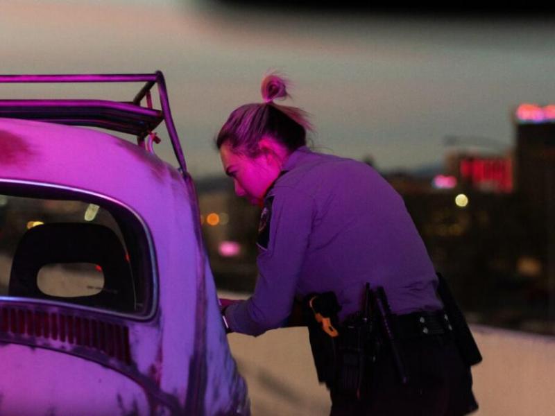 NHP Trooper Hannah DeGoey during a ride along on Feb. 14, 2020. (David Calvert/The Nevada Independent)