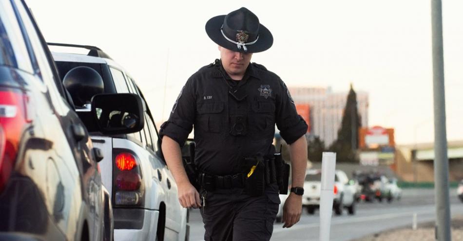 Nevada Highway Patrol Trooper Brian Eby during a traffic stop on Feb. 14, 2020. (David Calvert/The Nevada Independent)