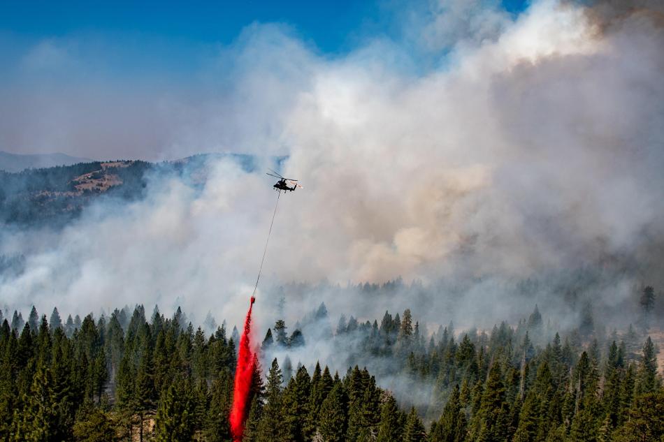 A helicopter drops retardant on Sept. 9 on the Dixie Fire in this file photo by Joe Bradshaw.