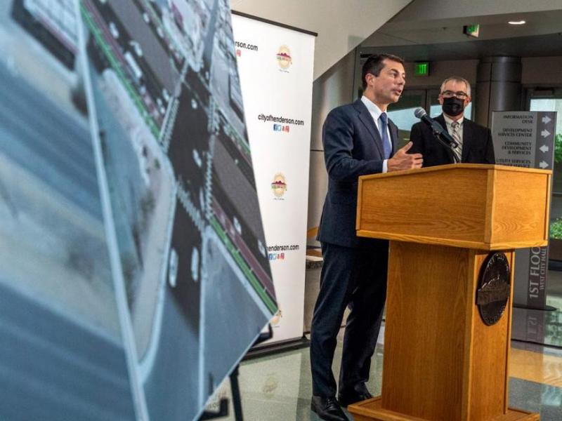Transportation Secretary Pete Buttigieg speaks in Henderson on August 11. Jeff Scheid / The Nevada Independent