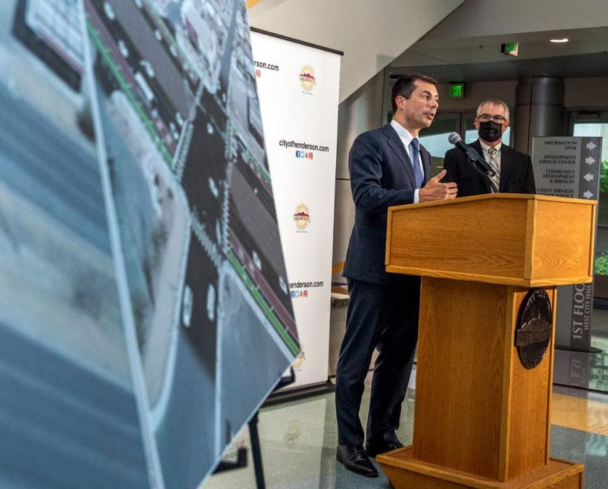 Transportation Secretary Pete Buttigieg speaks in Henderson on August 11. Jeff Scheid / The Nevada Independent