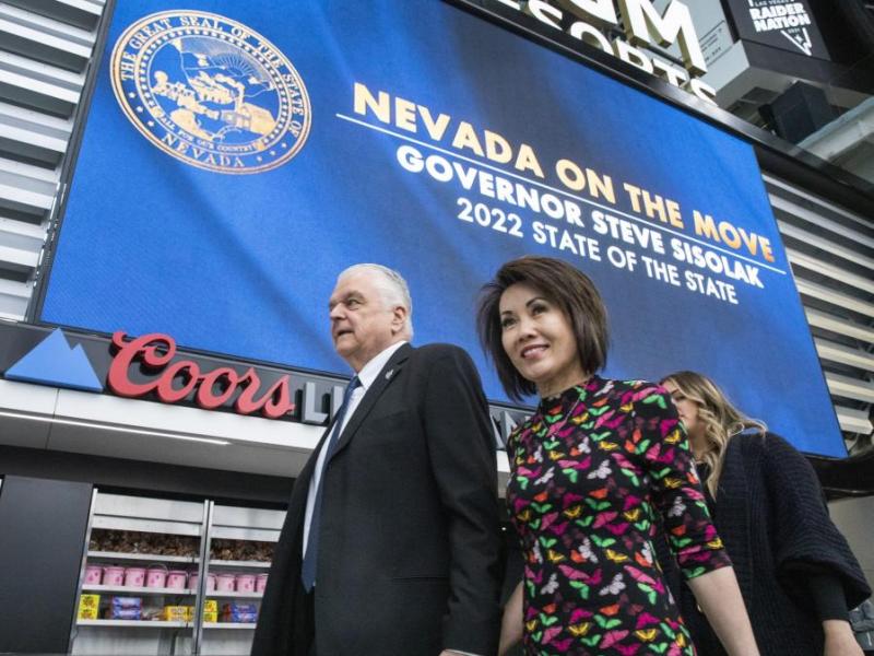 Gov. Steve Sisolak and his wife, Kathy, arrive at Allegiant Stadium for the address. (Jeff Scheid/The Nevada Independent)
