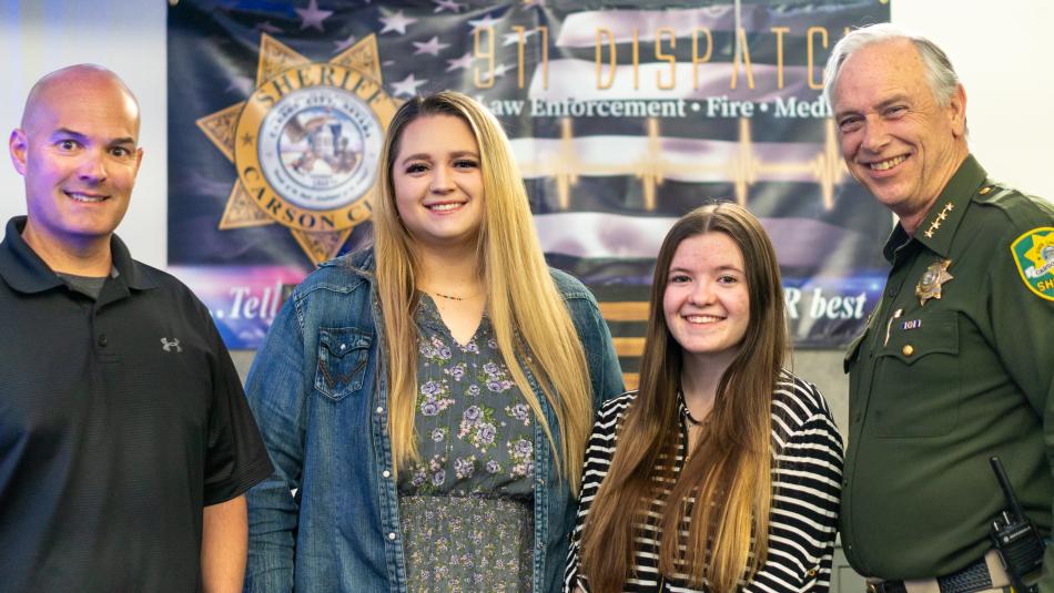 L to R: Retired Captain Brian Humphrey, Dispatcher Cameron Sievers, Cadet Trinity McLaren and Sheriff Ken Furlong.