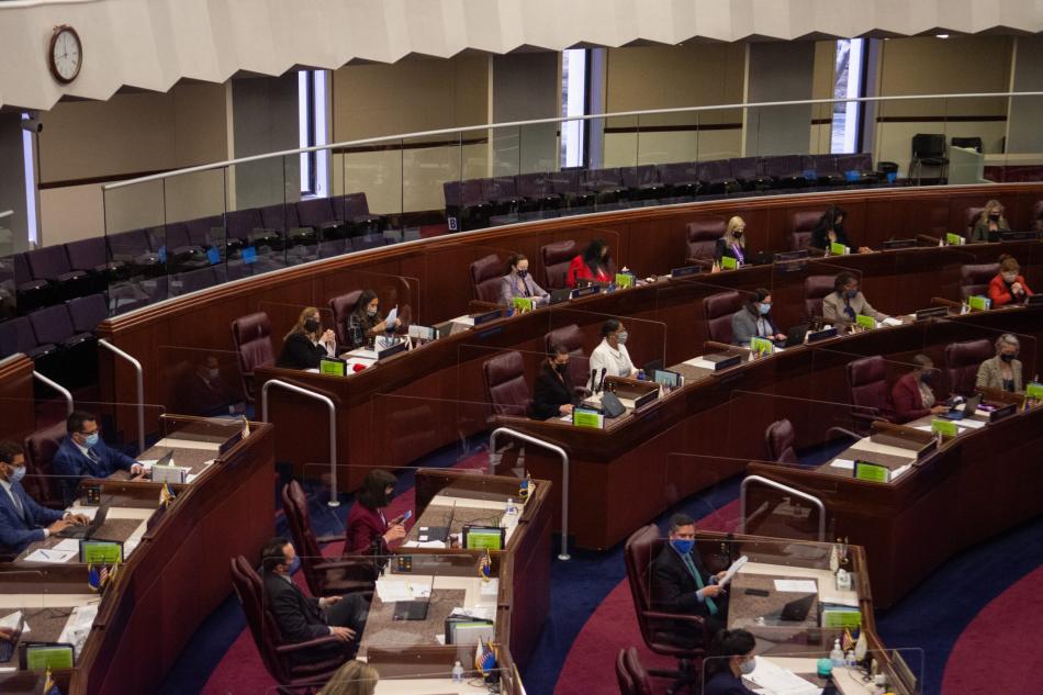 Members of the Assembly inside the Legislature on March 9, 2021 in Carson City. (David Calvert, Nevada Independent)