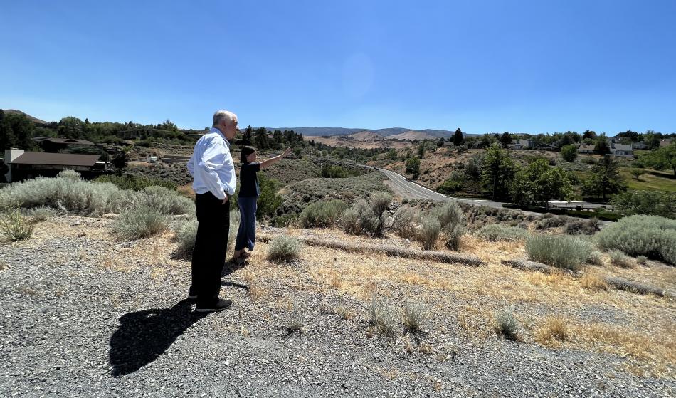Gov Sisolak toured the Pinehaven Fire site with the student-organizer of the Caughlin Climate Action Collective Tilli Allen.