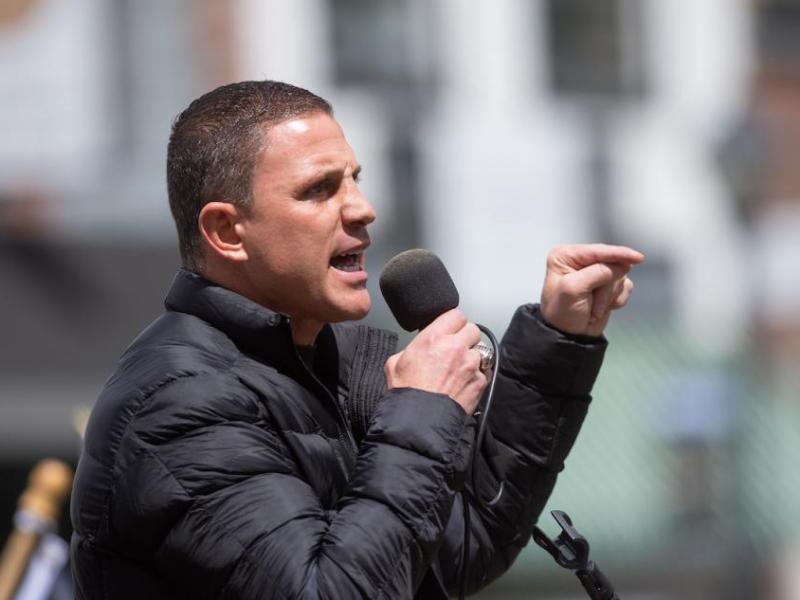 Joey Gilbert speaks at a rally outside the Nevada Legislature on Saturday, May 22, 2021. (David Calvert/The Nevada Independent)