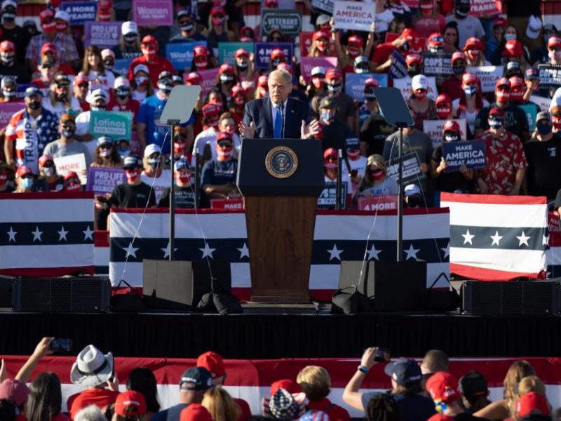 President Donald Trump rallies supporters at the Carson City Airport on Oct. 18, 2020. Isaac Hoops/The Nevada Independent.